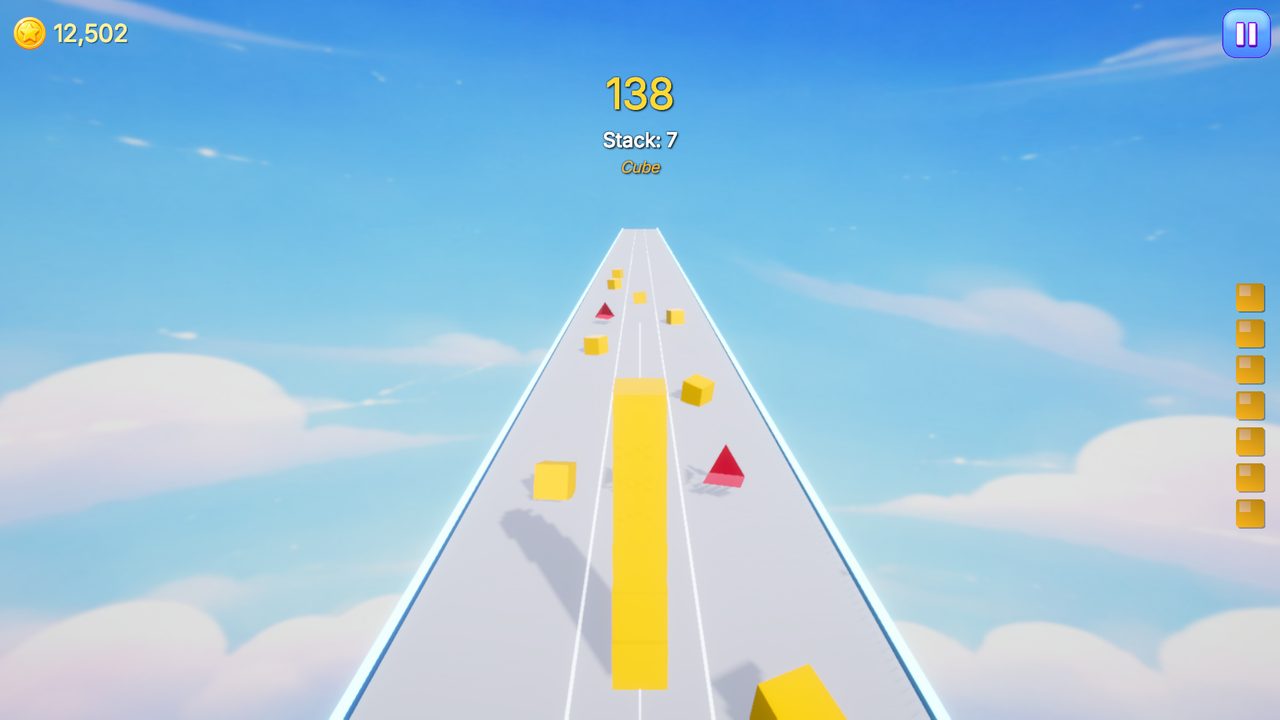 Stacking yellow cubes down the three-lane track
