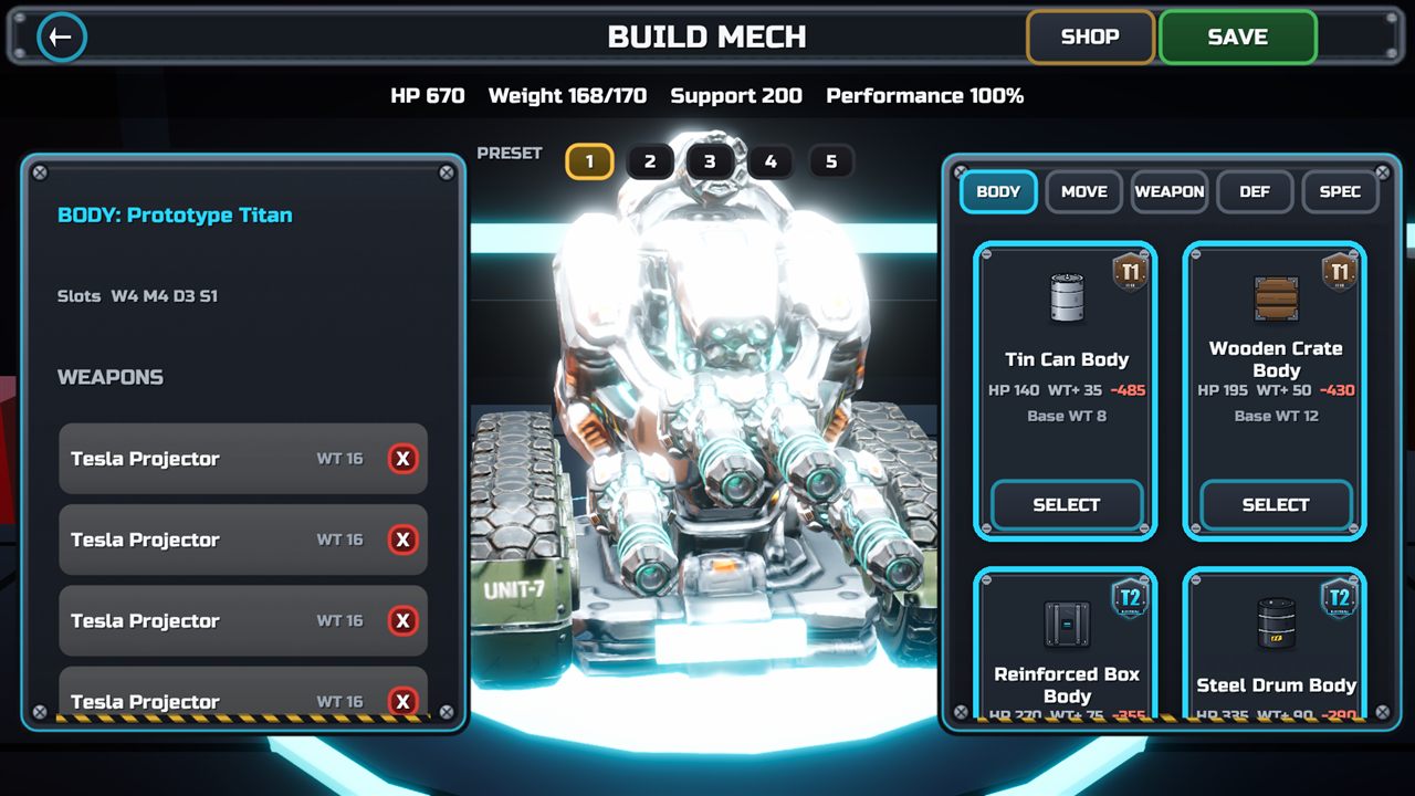 The build screen with parts across five tiers